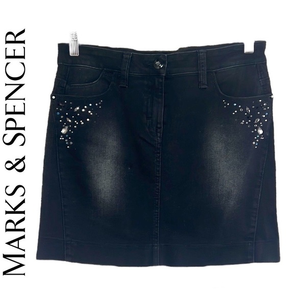 Marks&Spenser Black/Gray Bling Rhinestones Studs Jean Mini Skirt Size UK 10 - Picture 1 of 14